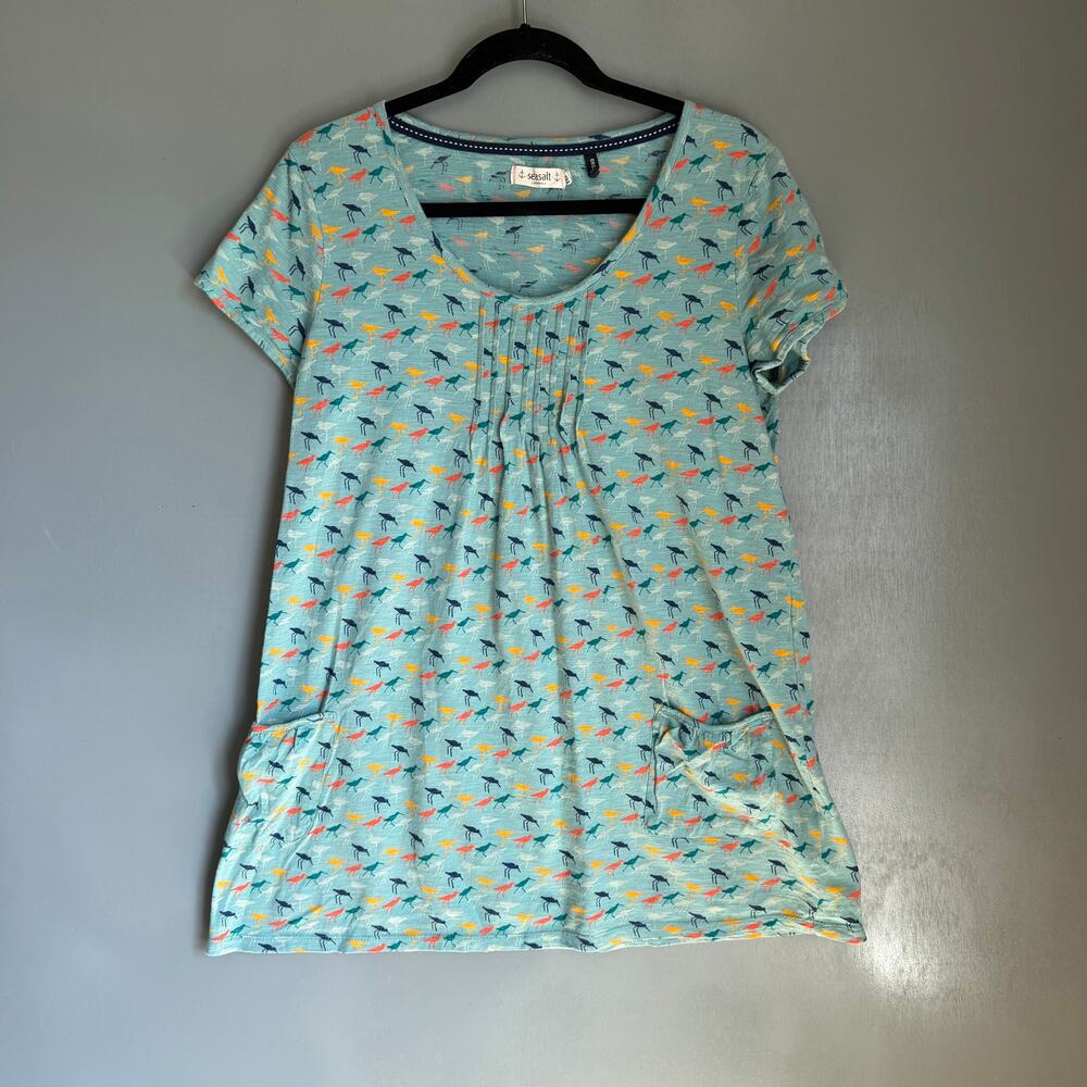 SEA SALT CORNWALL Women's 16UK 12US Blue Cotton Tee Bird Print Whimsical Boho